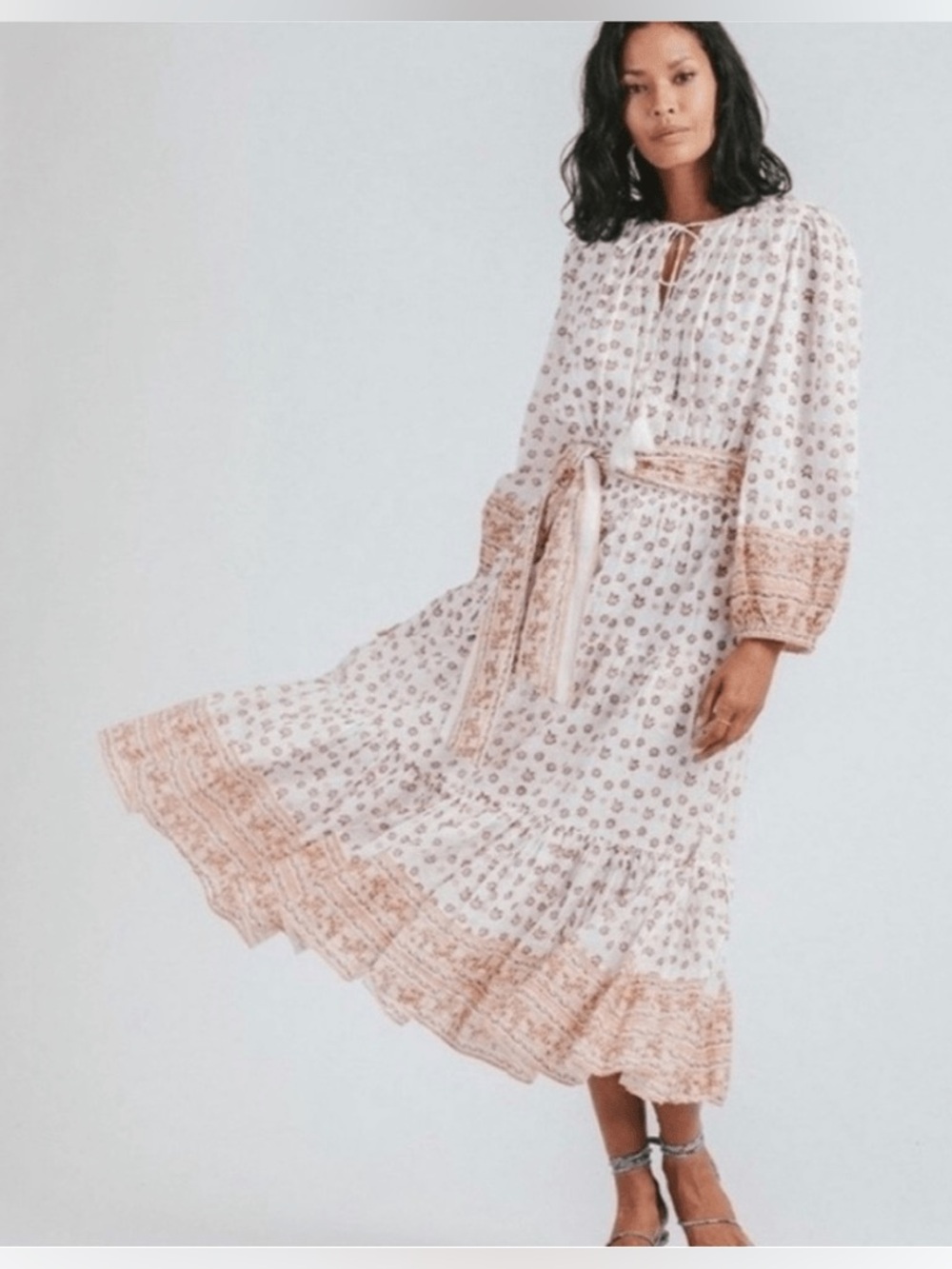 Cleobella/ Blakely Floral Smocked Waist Midi Dress in Cream & Peach - Sz M